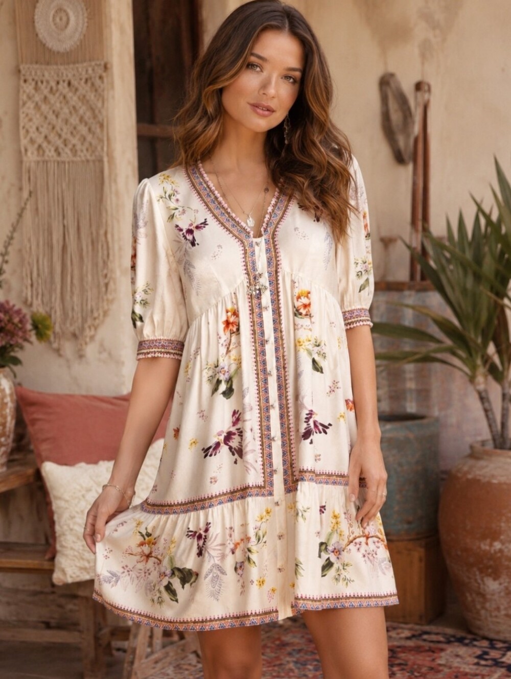 Johnny Was Loren Mini Dress Willah Floral Silk Blend Boho Shift Dress Size XS